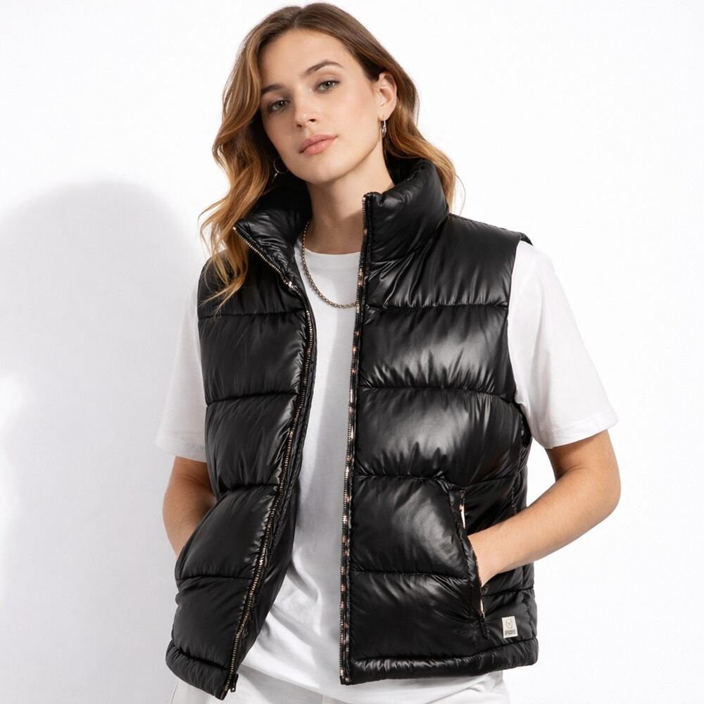 PINK Victoria's Secret Women's Black Quilted Collared Mid-Length Puffer Vest L